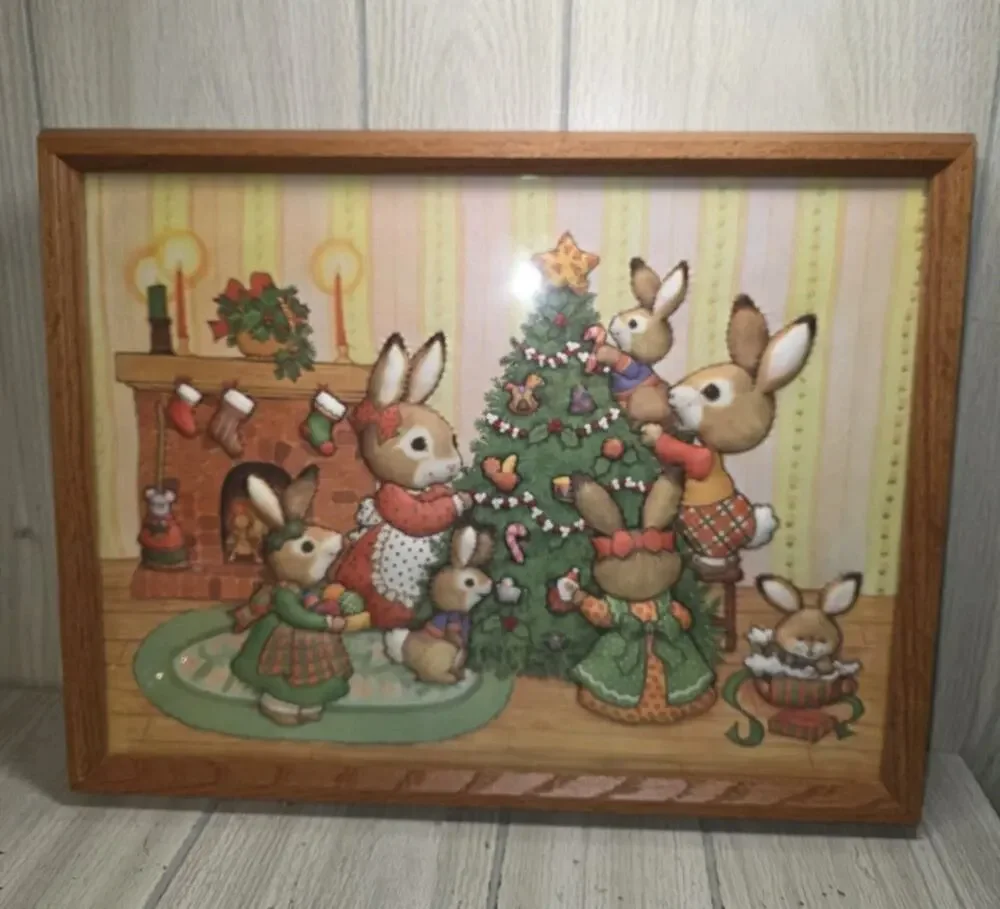 Vtg 80s Finished 3D Quilted Needle Craft Bunny Rabbit Family Christmas Framed